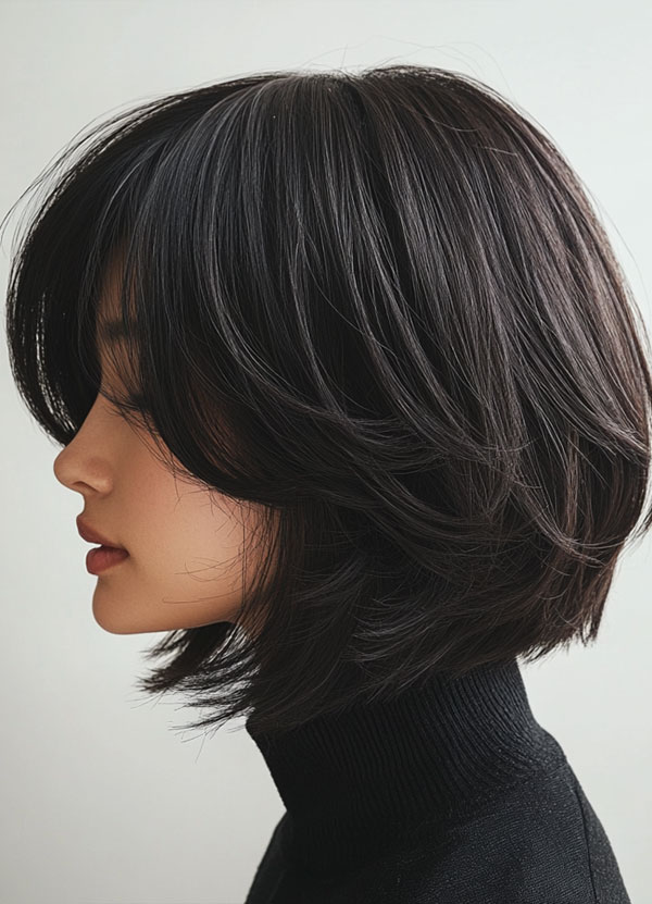 Layered Bob Haircut, Jet-Black Layered Chin-Length Bob