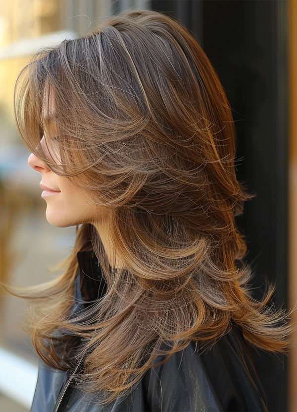 30 Long Butterfly Layered Haircuts : Wind-Swept Chestnut Layers