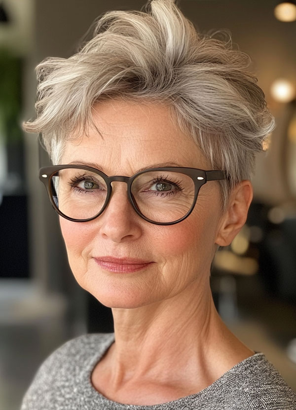 30 Short Haircuts for Women Over 60 with Glasses : Tousled Silver Pixie