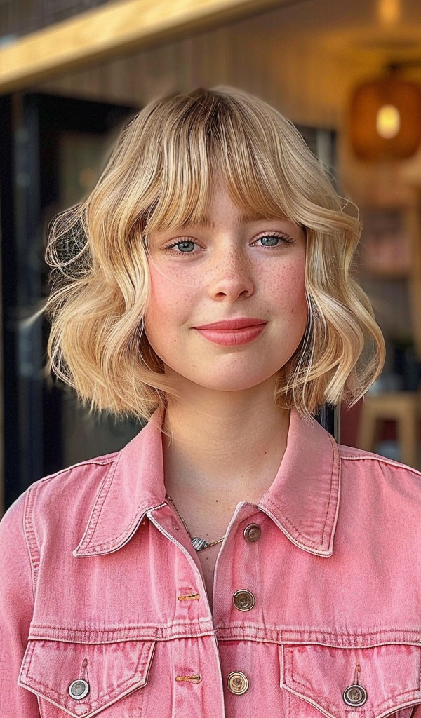 Wavy Blonde Bob with Soft Bangs, Trendsetting Tousled Layers