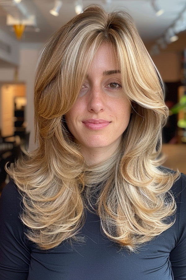 Warm Blonde Cascading Layers, Long Butterfly Layered Haircut