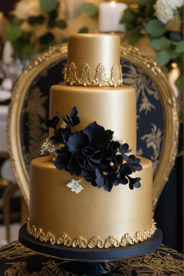 61 Exquisite Wedding Cakes for Every Style: Opulent Black and Gold Cake