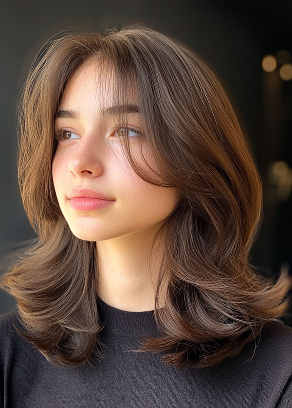 40 Trendsetting Tousled Layers : Brunette Layers with Subtle Curtain Bangs