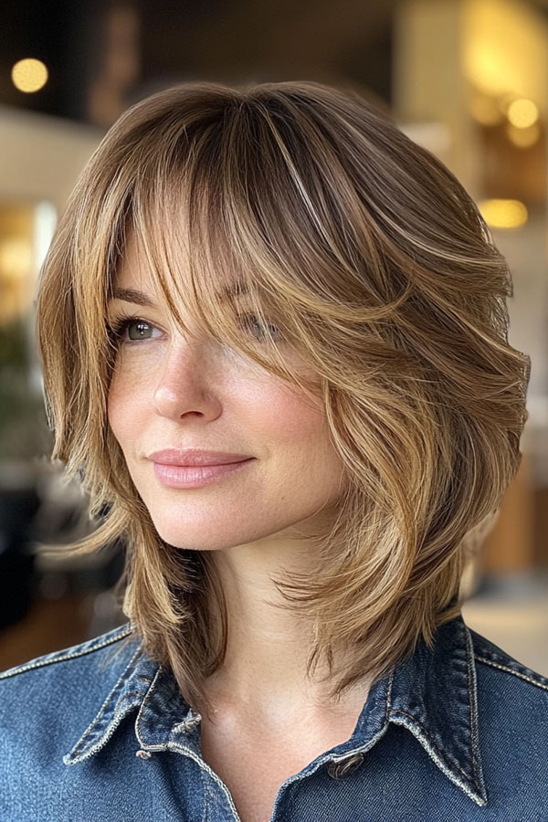 45 Chic Layered Bob Haircuts : Layered Caramel Shag with Bangs