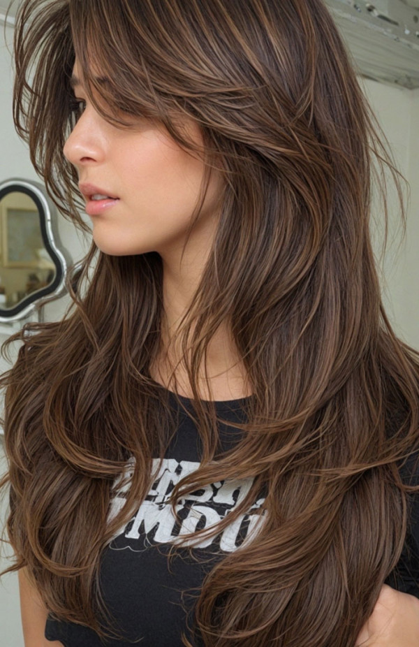 60 Cute Layered Hairstyles For Long Hair : Rich Chocolate Wind-Swept Layers with Curtain Bangs