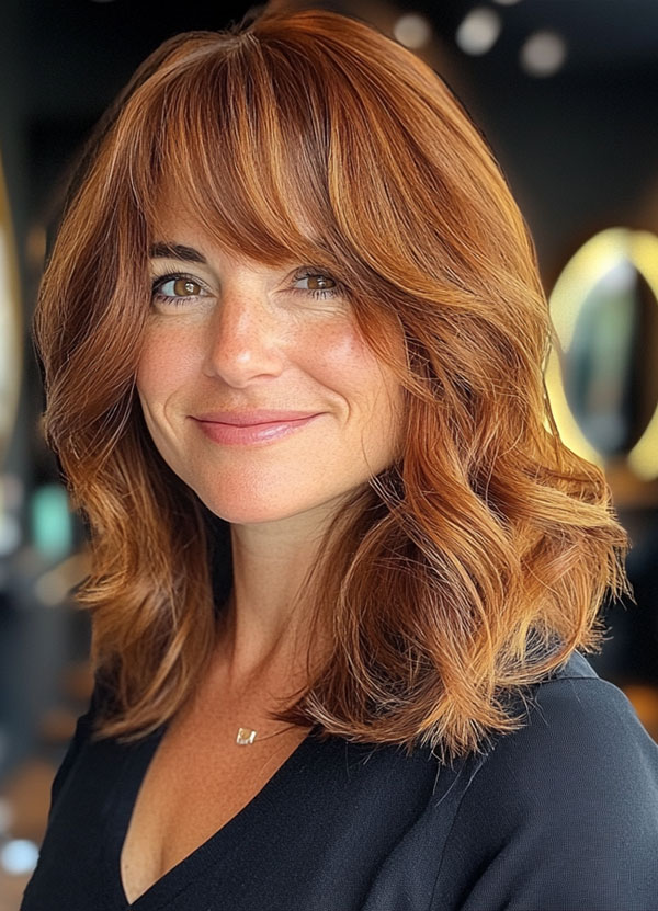 35 Layered Haircuts for Women Over 40 : Radiant Copper Layers with Bangs