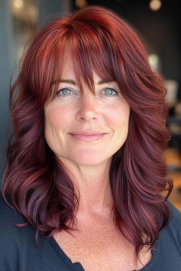 35 Layered Haircuts for Women Over 40 : Rich Burgundy Layers