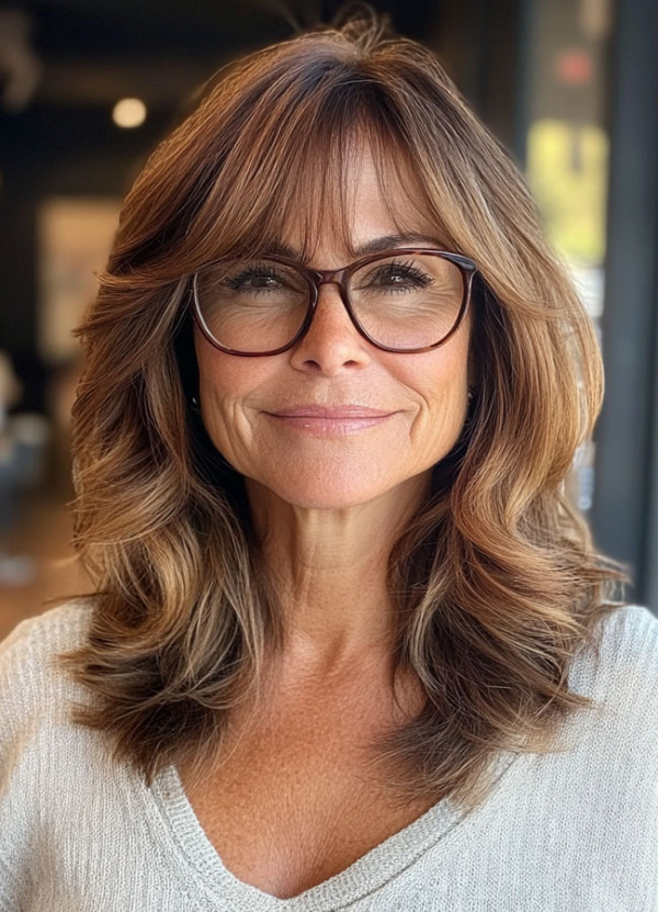 20 Medium-Length Haircuts for Women Over 60 with Glasses : Soft Layers and Subtle Highlights