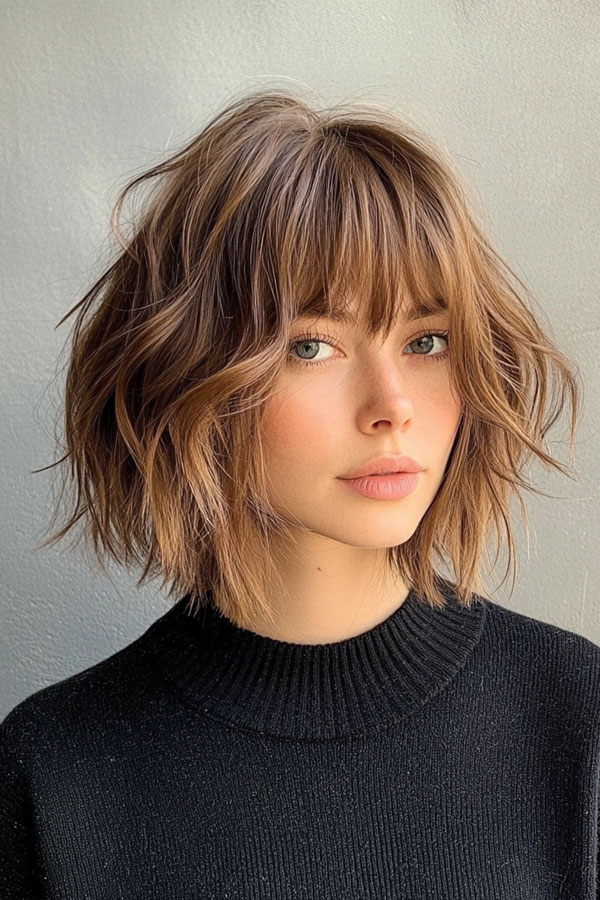 Layered Bob Haircut, Tousled Textured Bob with Bangs