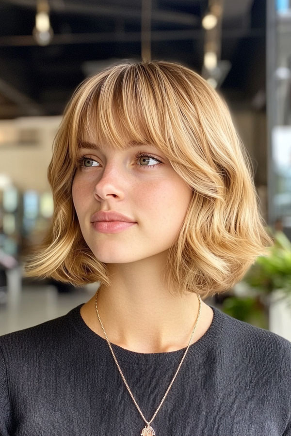 45 Chic Layered Bob Haircuts : Soft Blonde Bob with Curtain Bangs