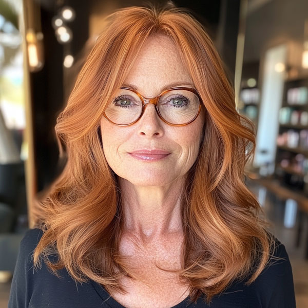 20 Medium-Length Haircuts for Women Over 60 with Glasses : Fiery Red Waves