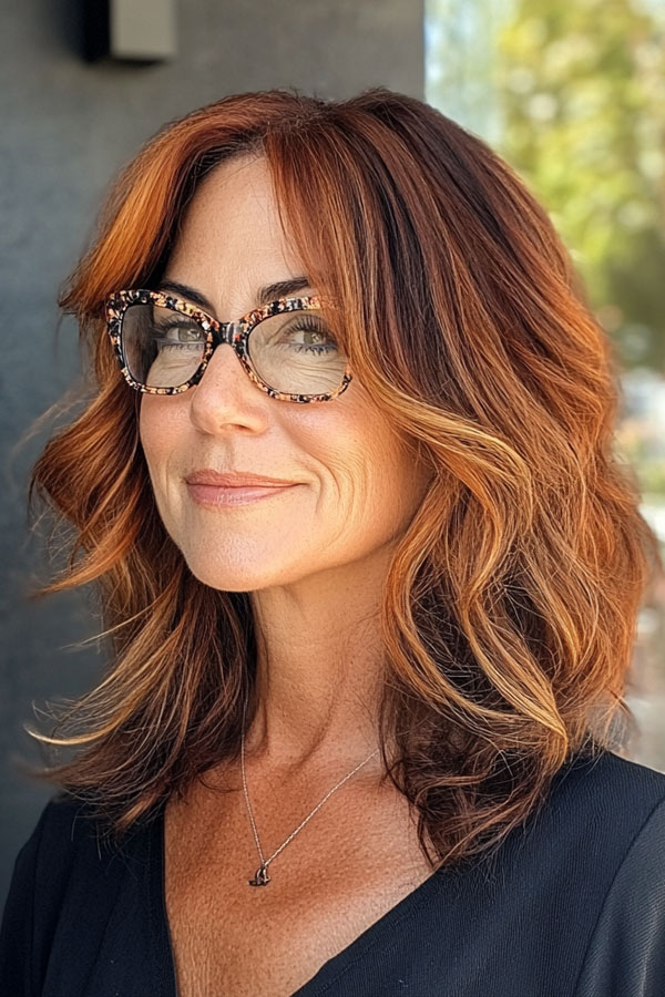 Rich Auburn Layers, Medium-Length Haircut for Women Over 60 with Glasses