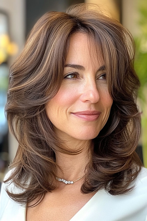 35 Layered Haircuts for Women Over 40 : Shoulder-Length Feathered Layers