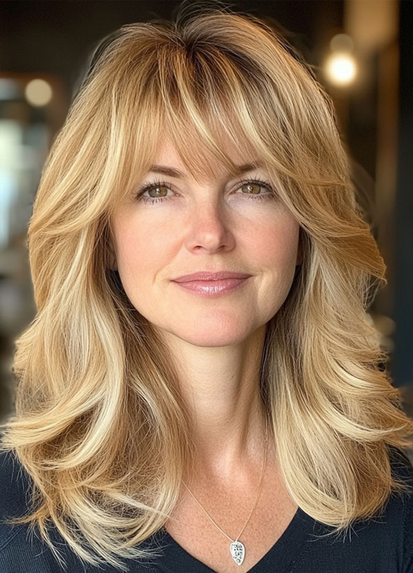 Golden Blonde Mid-Length Layers, Layered Haircuts for Women Over 40