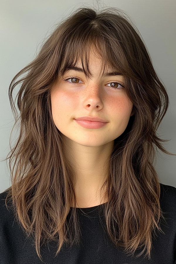 Effortless Brunette Shag with Bangs, Trendsetting Tousled Layers