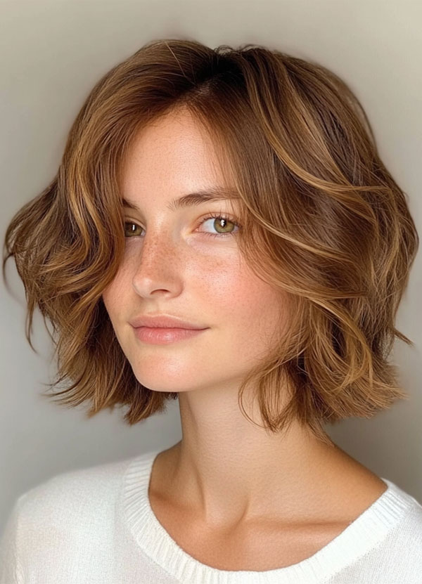 45 Chic Layered Bob Haircuts : Playful Wavy Chin-Length Bob