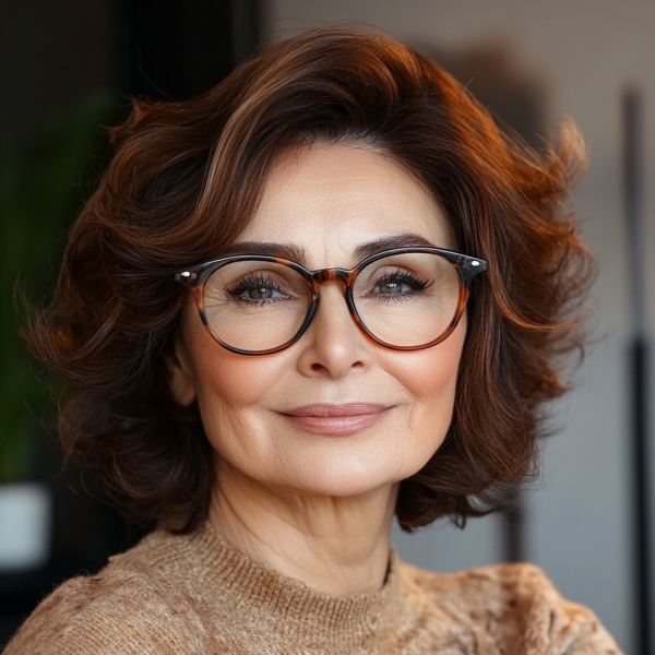 20 Medium-Length Haircuts for Women Over 60 with Glasses : Classic Chestnut Elegance