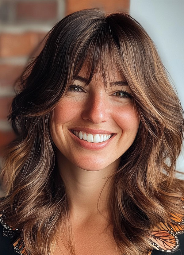 Sun-Kissed Brunette Feathered Bangs, Trendsetting Tousled Layers