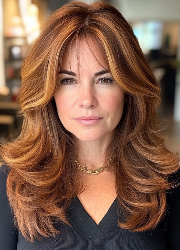 30 Long Butterfly Layered Haircuts : Golden Brown Waves with Curtain Bangs