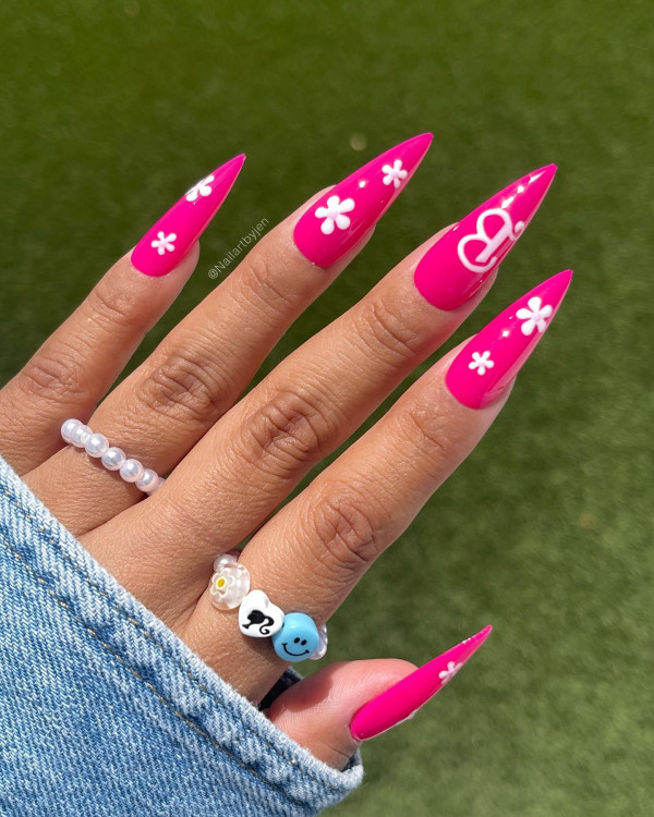 30 Summer Nail Trends to Try : Bright Pink Barbie-Inspired Stiletto Nails