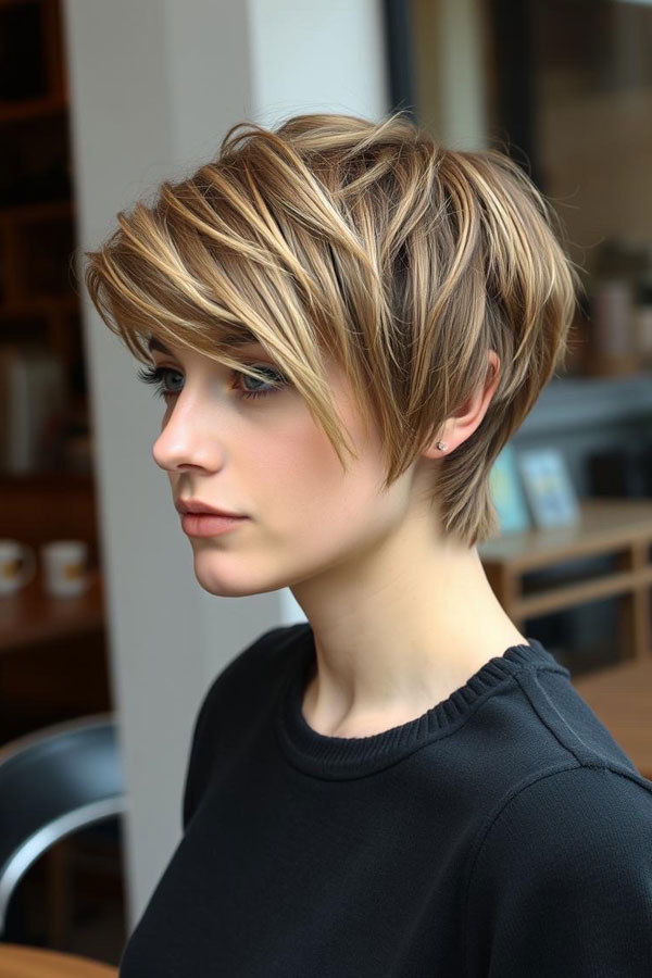 40 Pixie Haircuts for Modern Women : Brown Layered Elegance Pixie