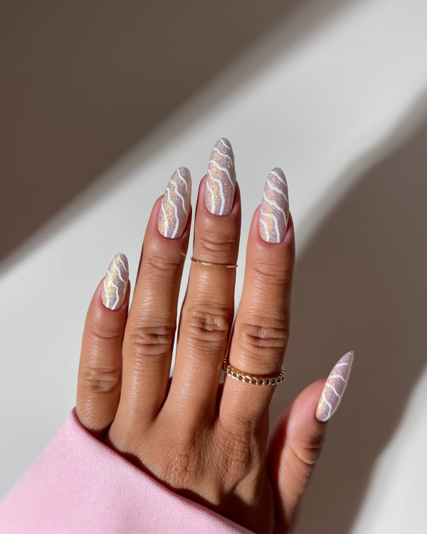 30 Summer Nail Trends to Try : Iridescent White Waves Shimmery Nails