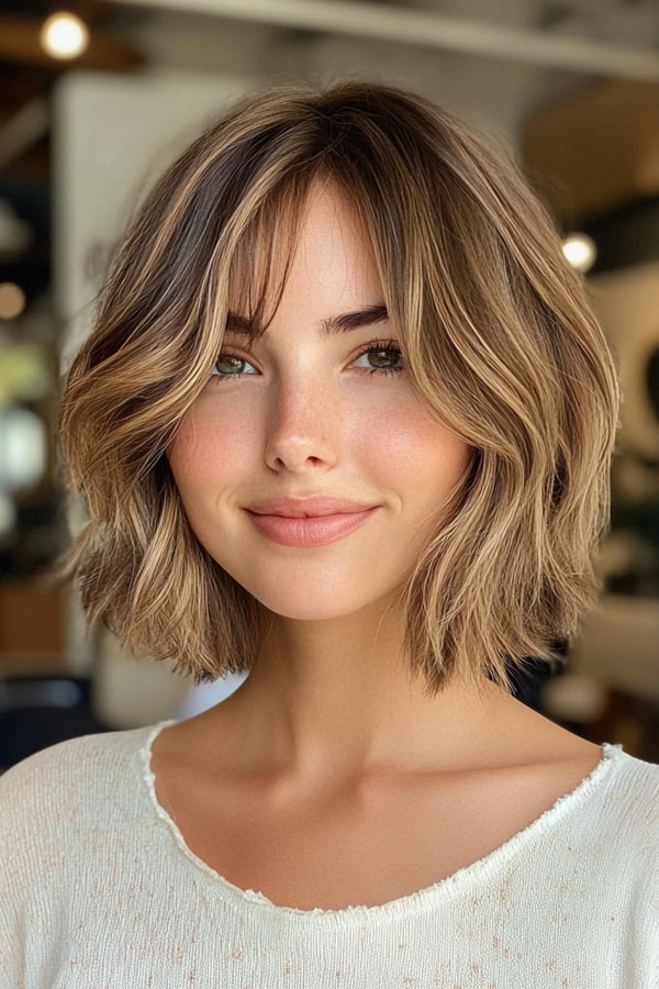 45 Chic Layered Bob Haircuts : Soft Wavy Bob with Curtain Bangs