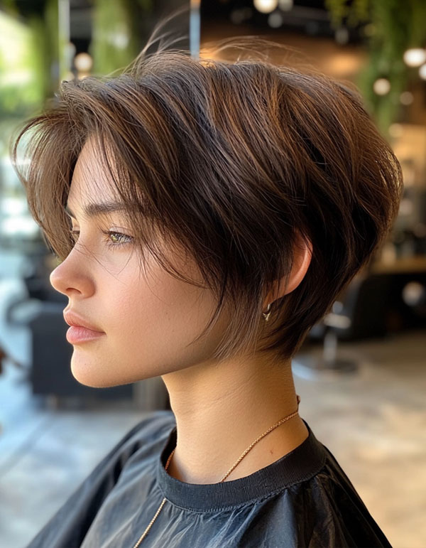 bixie haircut, Dark Brown Tapered Layers