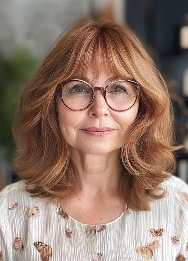 Autumn Copper Layers, Medium-Length Haircut for Women Over 60 with Glasses