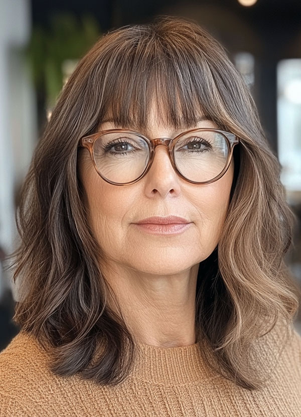 Soft Mocha Layers, Medium-Length Haircut for Women Over 60 with Glasses