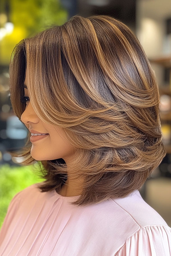 45 Chic Layered Bob Haircuts : Layered Caramel Balayage