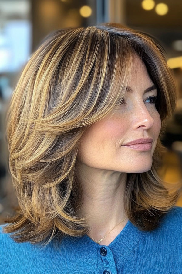 45 Chic Layered Bob Haircuts : Golden Layered Shoulder-Length Cut