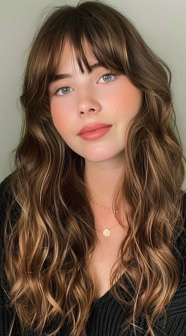 42 Autumn-Inspired Hair Shades to Try : Chestnut Waves with Soft Bangs