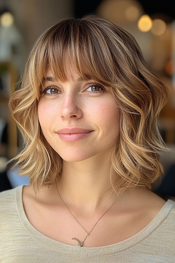 Layered Bob Haircut, Soft Wavy Bob with Blunt Bangs