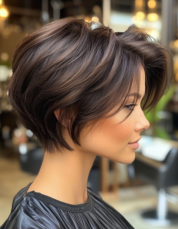 43 Bixie Haircuts For a Chic & Modern Look : Dark Brown Sleek Layered Texture