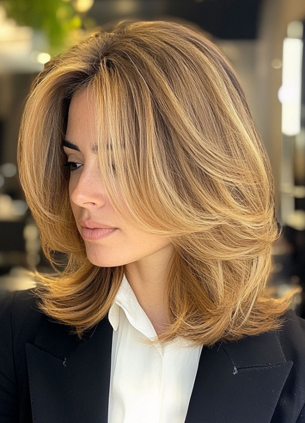 Luxurious Blonde Layered Bob, layered long bob with curtain bangs