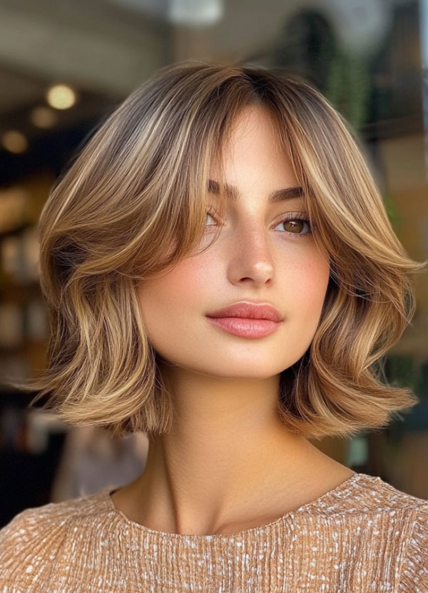 45 Chic Layered Bob Haircuts : Flipped-Out Bob with Curtain Bangs