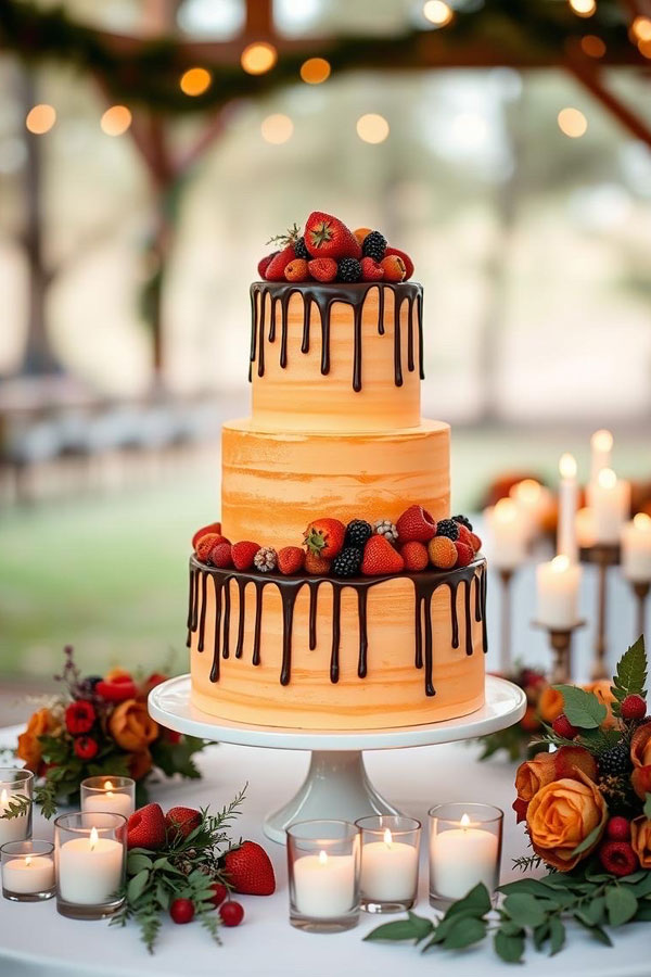 61 Exquisite Wedding Cakes for Every Style: Vibrant Orange and Chocolate Drip Cake