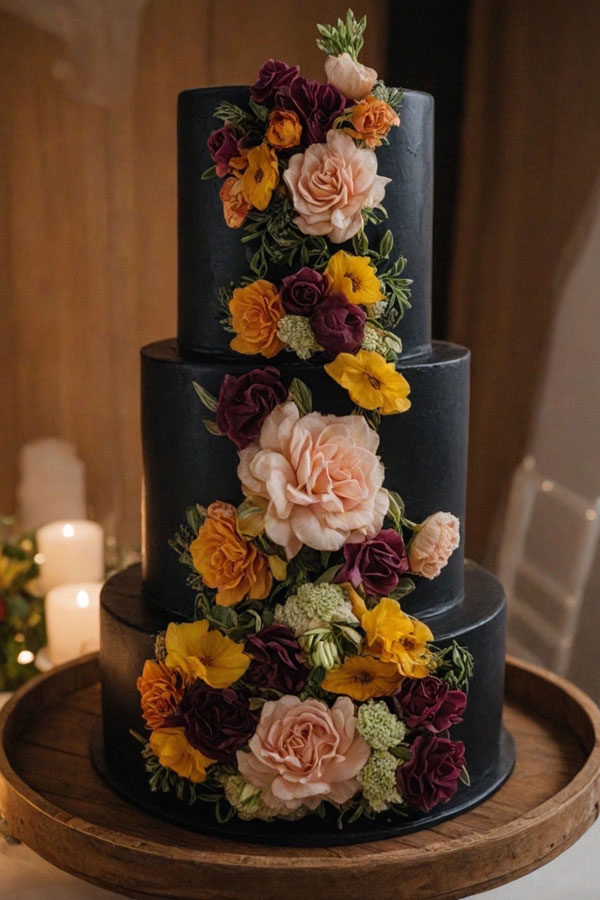 Dark Romance Floral Cake, wedding cake, wedding cake trends, wedding cake inspiration