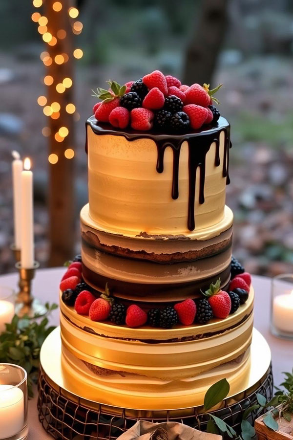 61 Exquisite Wedding Cakes for Every Style: Golden Berry Drip Cake