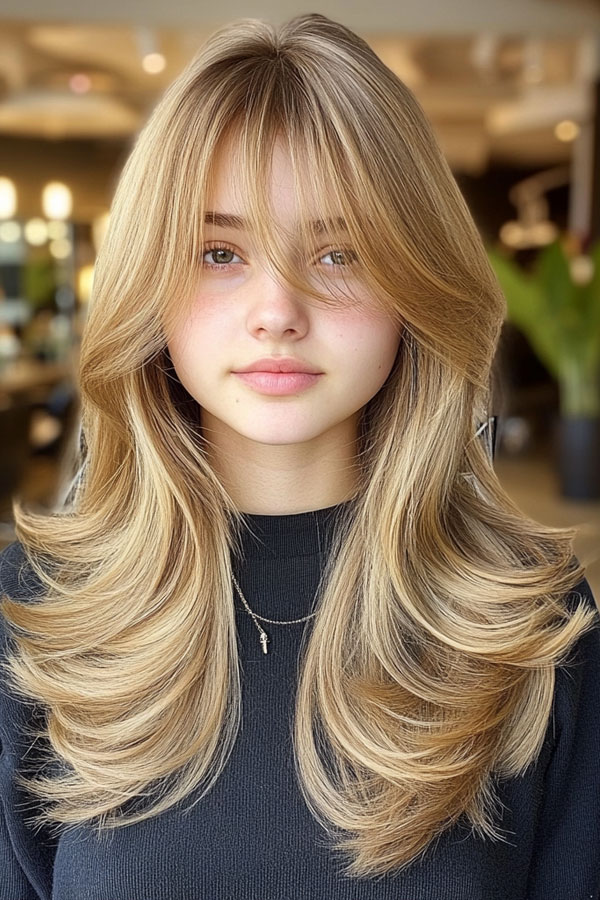 60 Cute Layered Hairstyles For Long Hair : Butterfly Layered Blonde with Curtain Bangs