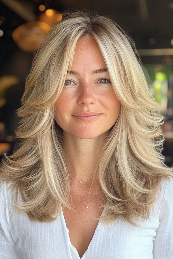 35 Layered Haircuts for Women Over 40 : Sun-Kissed Blonde Butterfly Layers