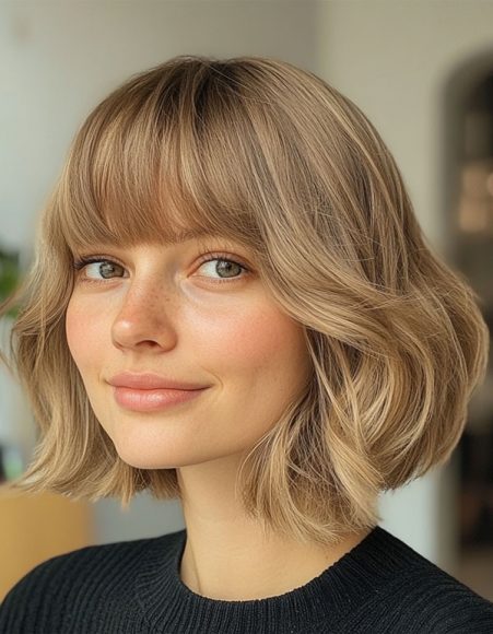 45 Chic Layered Bob Haircuts : Soft Blunt Bob With Full Bangs