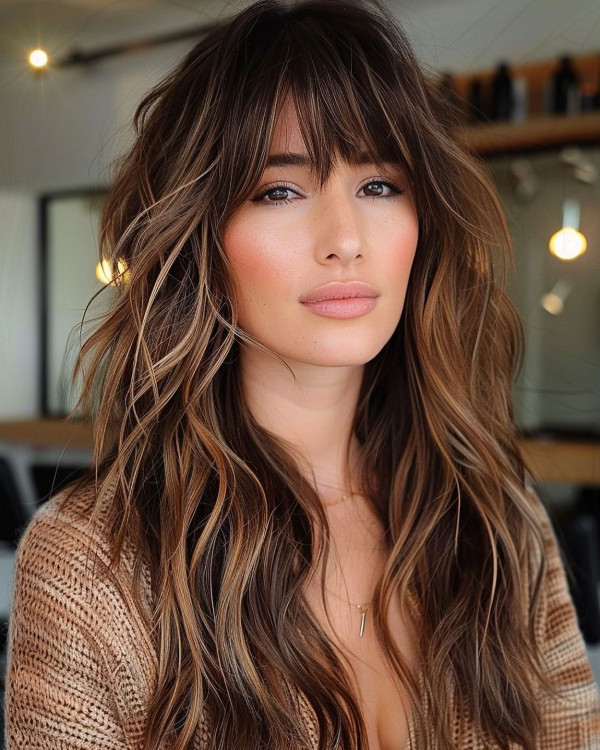 42 Autumn-Inspired Hair Shades to Try : Tousled Bronde Waves with Wispy Bangs