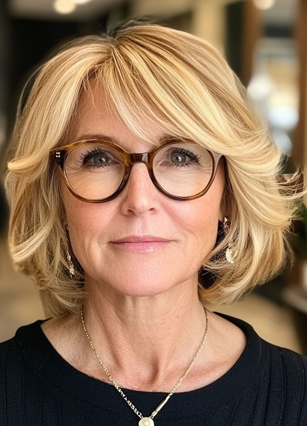 Voluminous Blonde Bob, Medium-Length Haircut for Women Over 60 with Glasses