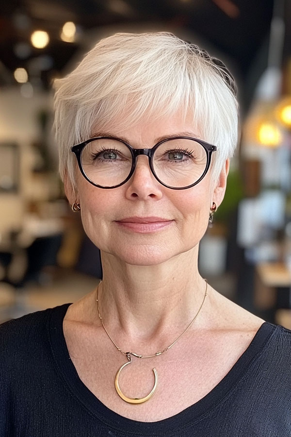 30 Short Haircuts for Women Over 60 with Glasses : Sleek Icy White Pixie