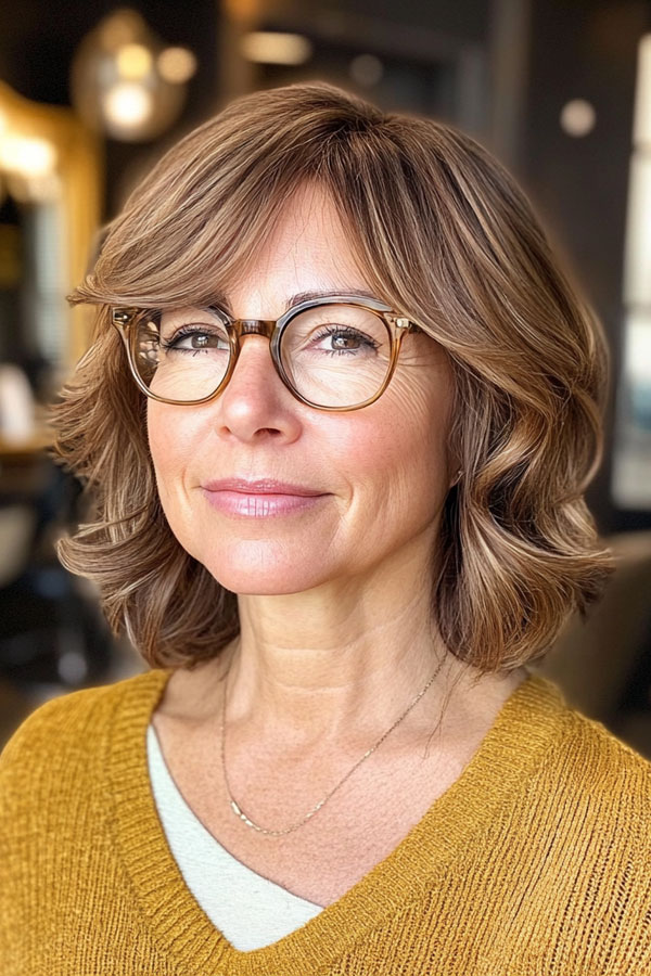 20 Medium-Length Haircuts for Women Over 60 with Glasses : Light Brown Layers