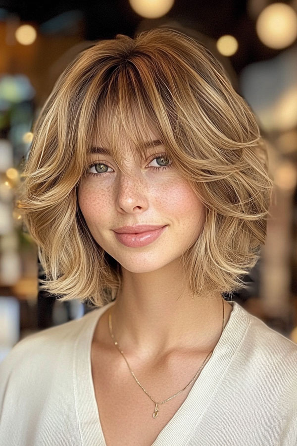 Layered Bob Haircut, Textured Blonde Bob with Wispy Bangs, layered bob with wispy bangs