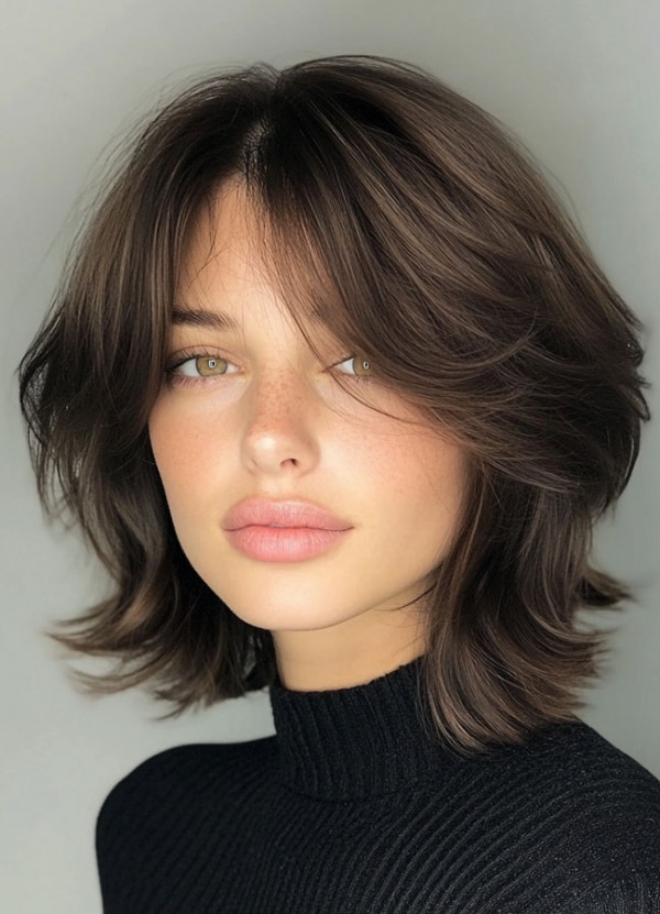 45 Chic Layered Bob Haircuts : Tousled Brunette Bob with Curtain Bangs