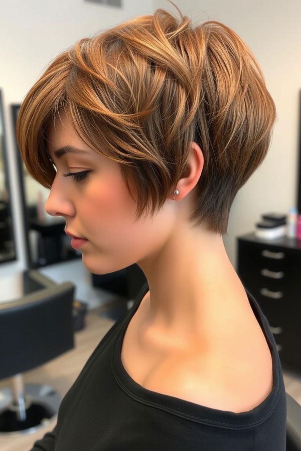 40 Pixie Haircuts for Modern Women : Caramel Layered Pixie Bob